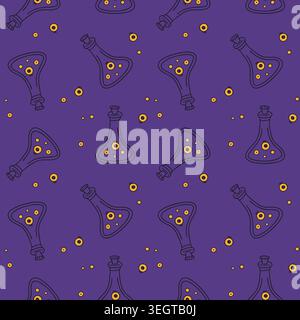 Wicked brew and staring eyeballs seamless pattern in a deep violet and orange palette for unconventional halloween apparel, gothic subculture merchand Stock Vector
