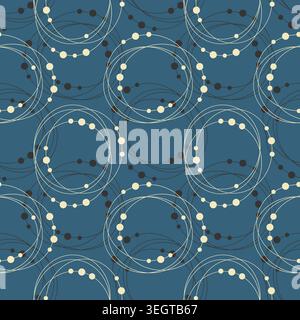 Seamless pattern with abstract cream circles and black dotted lines on blue background for modern tech branding, minimalist wallpaper and trendy noteb Stock Vector