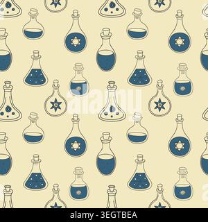 Alchemical matrix and cosmic ether pattern featuring quintessence flasks and hermetic star geometry on a vintage parchment background for astrological Stock Vector