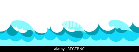 Curly blue ocean wave border design with white foam crest. Stylized sea surf water ripple line. Beautiful cartoon clipart element for summer beach Stock Vector