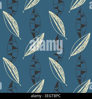 pattern with textured beige leaves and black abstract geometric silhouettes on teal blue background for modern wallpaper, mid-century fabric and styli Stock Vector