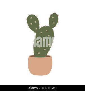 Prickly pear opuntia cactus in a pot illustration. Cute hand drawn houseplant in ceramic flowerpot. Stock Vector