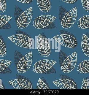 pattern with linear cream leaves and dark blue shadow silhouettes on teal background for scandinavian interior wallpaper, modern textile print and eco Stock Vector