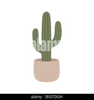 Saguaro cactus in pot illustration. Cute hand drawn green Mexican succulent houseplant in ceramic flowerpot. Stock Vector