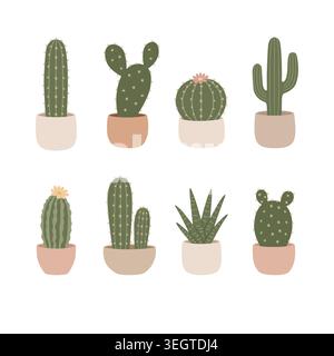 Cute Potted Cactus Collection Set Stock Vector
