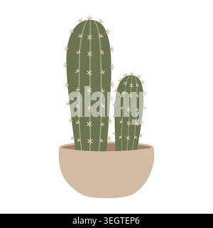 Two cacti in pot illustration. Cute hand drawn green columnar succulent houseplants in ceramic flowerpot. Stock Vector