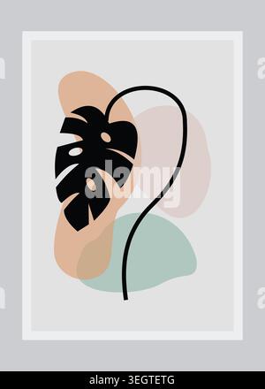 Flat vector illustration of abstract botanical wall art featuring tropical monstera leaf shapes in a modern minimalist aesthetic style. Stock Vector