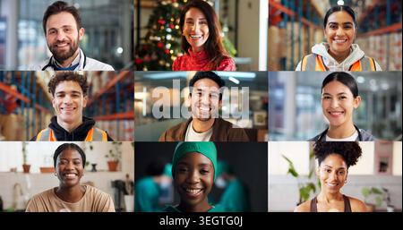 People, diversity and portrait with profession in collage for career difference or job opportunity. Faces, group or community with business variety Stock Photo