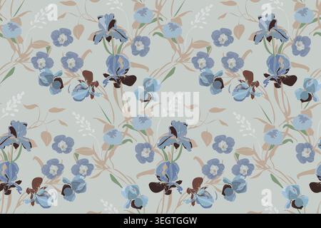 Vector floral seamless pattern with peonies and irises Stock Vector