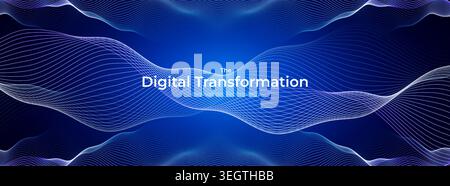 Digital transformation abstract background with blue wave lines on dark gradient. High-tech digital business banner, innovation technology web header Stock Vector