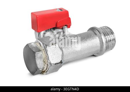 Old brass water pipe valve with red handle isolated on white background Stock Photo