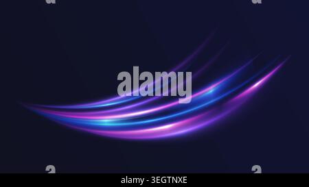 Abstract neon glowing light streak lines on dark blue futuristic background, vibrant purple and blue curved motion wave design for modern digital banner or wallpaper vector illustration Stock Vector
