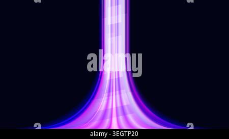 Futuristic neon light blue and purple curved energy stream on dark background, glowing motion lines and perspective speed effect for technology or sci fi design vector illustration Stock Vector