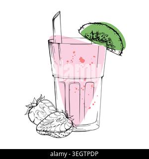 Strawberry milkshake tumbler glass, berry smoothie with straw, kiwi slice. Isolated illustration hand drawn ink vector. Sweet bar signage, dessert Stock Vector