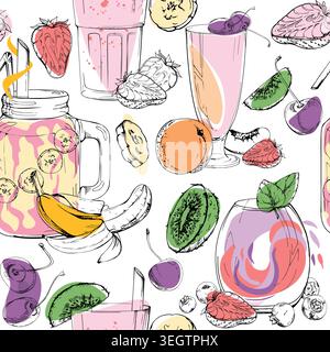Seamless pattern of strawberry and blueberry berry, banana, kiwi and peach smoothies, milkshakes illustrated as hand drawn ink vector. Yogurt lid Stock Vector