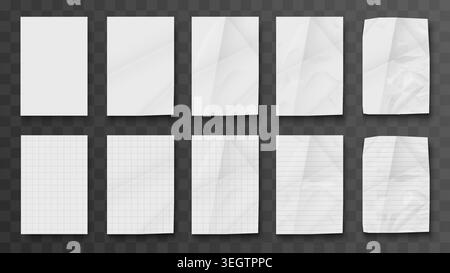 Collection of blank white paper sheets with wrinkle, fold and crease effects, including plain, grid and lined note pages on transparent background mockup vector illustration Stock Vector