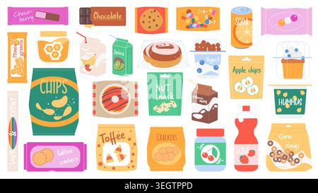 Colorful assortment set of packaged snacks and drinks including chips, cookies, candy, juice, yogurt, hummus, granola bars and crackers, isolated on white background vector illustration Stock Vector