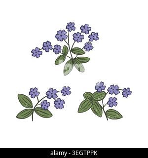 Cute naive style vector illustration of delicate purple flowers on green stems with textured leaves. Playful folk art botanical for kids Stock Vector