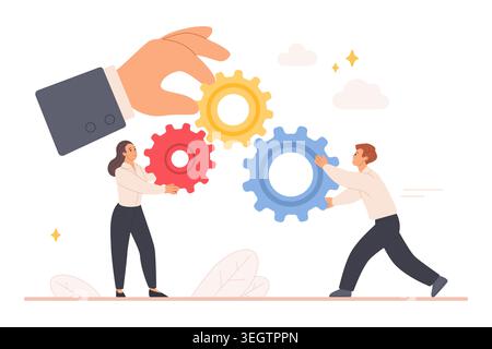 Business team with leader arranging colorful gears, representing teamwork, cooperation, management and workflow optimization, people working together on project, isolated vector illustration Stock Vector
