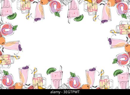 Frame filled with banana milkshakes, creamy berry swirl drinks in varied glasses, mint or basil garnish. Hand drawn ink vector. Dairy brand leaflets Stock Vector