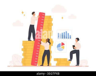 Business team measuring income growth with ruler, coins and analytics charts, showing financial success, investment performance and profit increase, isolated on white background vector illustration Stock Vector