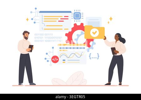 Team of IT developers analyzing big data, coding software and managing digital workflow with dashboards, binary code and gear icons, isolated on white background vector illustration Stock Vector