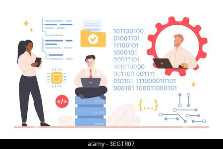 Team of IT developers coding, testing software and managing data on laptops with binary code, servers and UI elements, concept of teamwork in programming and development vector illustration Stock Vector