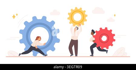 Business team of diverse coworkers moving large gears, collaborating on project workflow, symbol of teamwork, partnership, productivity cooperation, isolated on white background vector illustration Stock Vector