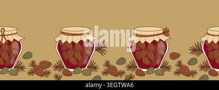 Seamless Border with Pine Cone Jam Jars on Beige Background. Ribbon with Homemade Glass Bottles Of Ruby Red Mugolio Syrup. Botanical Horizontal Washi Stock Vector