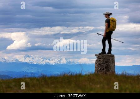 Hiker standing on top of Baba hill on a Wooded Javorniki mountain range with view of a snowy julian alps and highest peak Triglav, slovenia Stock Photo