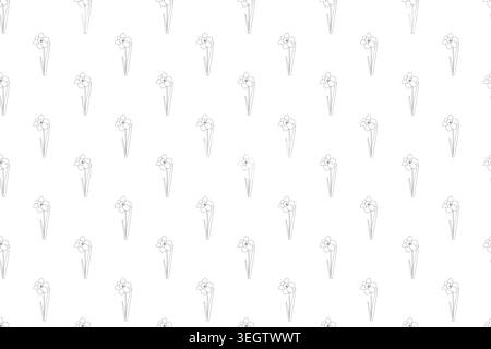 Seamless floral pattern daffodil blossoms and elongated leaves in minimalist black line art, arranged evenly on white background, perfect for textiles Stock Vector