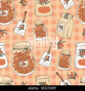 Sea Buckthorn Jam Jars and Paper Bags Seamless Pattern. Berry Branches, Glass Containers, Craft Sacks and Price Tags on Gingham Checkered Background. Stock Vector
