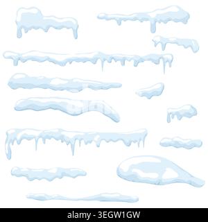 Snow caps and icicles of various shapes on a blue background, Vector illustration. Frosty snowdrifts, hanging ice curbs and a white winter roof, the c Stock Vector