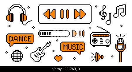 Pixel art music icons set isolated on white background. Vector set of 8-bit computer symbols for radio or media player software ui, retro 90s headphones, guitar, notes, heart and sound bar designs Stock Vector