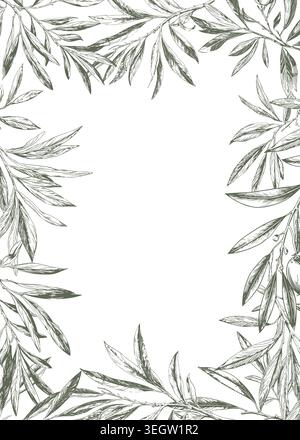 The frame is made of olive or willow twigs, the sketch is hand-drawn. Vector illustration. Branches with graceful leaves on a postcard, isolated on a Stock Vector