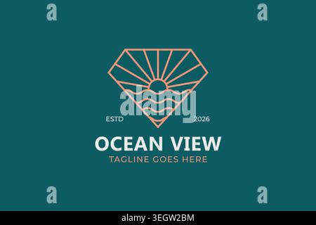 Ocean view sunset line art logo design template with sun rays and sea waves diamond badge for geometric corporate branding luxury travel resort Stock Vector