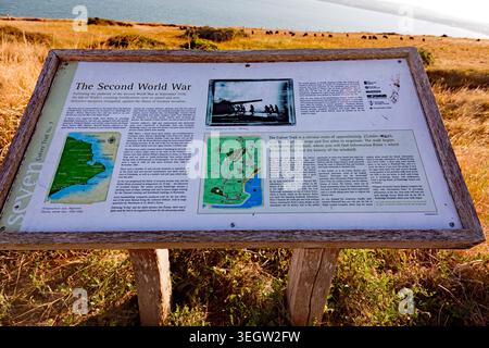 A notice board on Culver Down, explaining how the Culver Batteries, were re-armed with new defensive measures, against the threat of a German Invasion Stock Photo