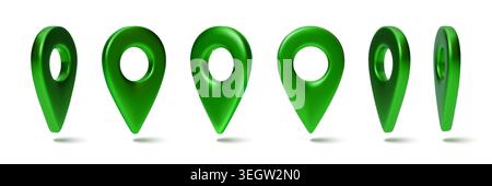 Green 3D GPS marker set isolated on white background. Vector realistic illustration of location badge icons in different positions, navigation geotags for digital cartography, map app design element Stock Vector