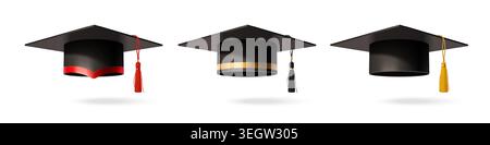 Realistic black mortar boards with color tassels isolated on white background. Vector illustration of academic hat, university graduation ceremony symbol, diploma achievement, education success Stock Vector