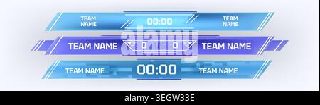Sports match scoreboard templates set isolated on background. Vector realistic illustration of blue digital display panels for soccer, basketball games, team statistics and timer for broadcasting Stock Vector