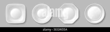 Empty white plates of different shape isolated on background. Vector realistic illustration of round, square, hexagon clean dish top view, food presentation mockup, restaurant menu or kitchen design Stock Vector