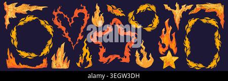 Fiery frames set with blazing flames isolated on black background. Vector realistic illustration of burning border and corner designs, round, star and heart shape elements for sketch graphic projects Stock Vector