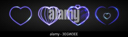 Realistic set of blue neon hearts glowing isolated on transparent background. Vector illustration of LED light frames for Valentine Day banner, retro futuristic game design element, tech love sign Stock Vector