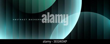 Ribbed glass black and cyan banner with circles. Abstract futuristic background with glowing gradients, vertical stripes and transparent circular Stock Vector