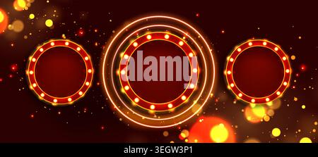 Round casino frames with led bulbs and shimmering bokeh sparkles on red background. Vector realistic illustration of gambling app ui, avatar borders for online poker players, retro show banner design Stock Vector