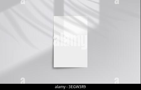 White paper mockup with palm leaf shadow isolated on background. Vector realistic illustration of blank page with window and plant shade effects, modern summer presentation template for poster design Stock Vector