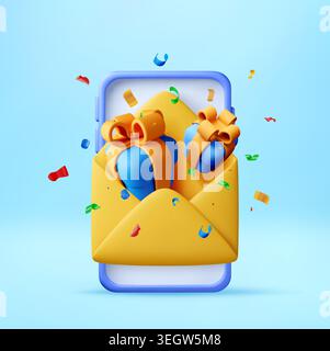 Smartphone with envelope and gift box 3d. Stock Vector