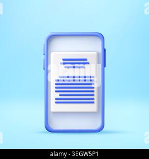 3D Smartphone with digital document on screen. Stock Vector