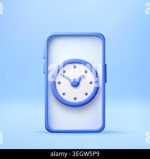 3D Smartphone with clock icon showing time. Stock Vector