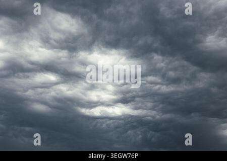 Dark overcast sky scenery photo. Dramatic gray clouds before rain. Stock Photo
